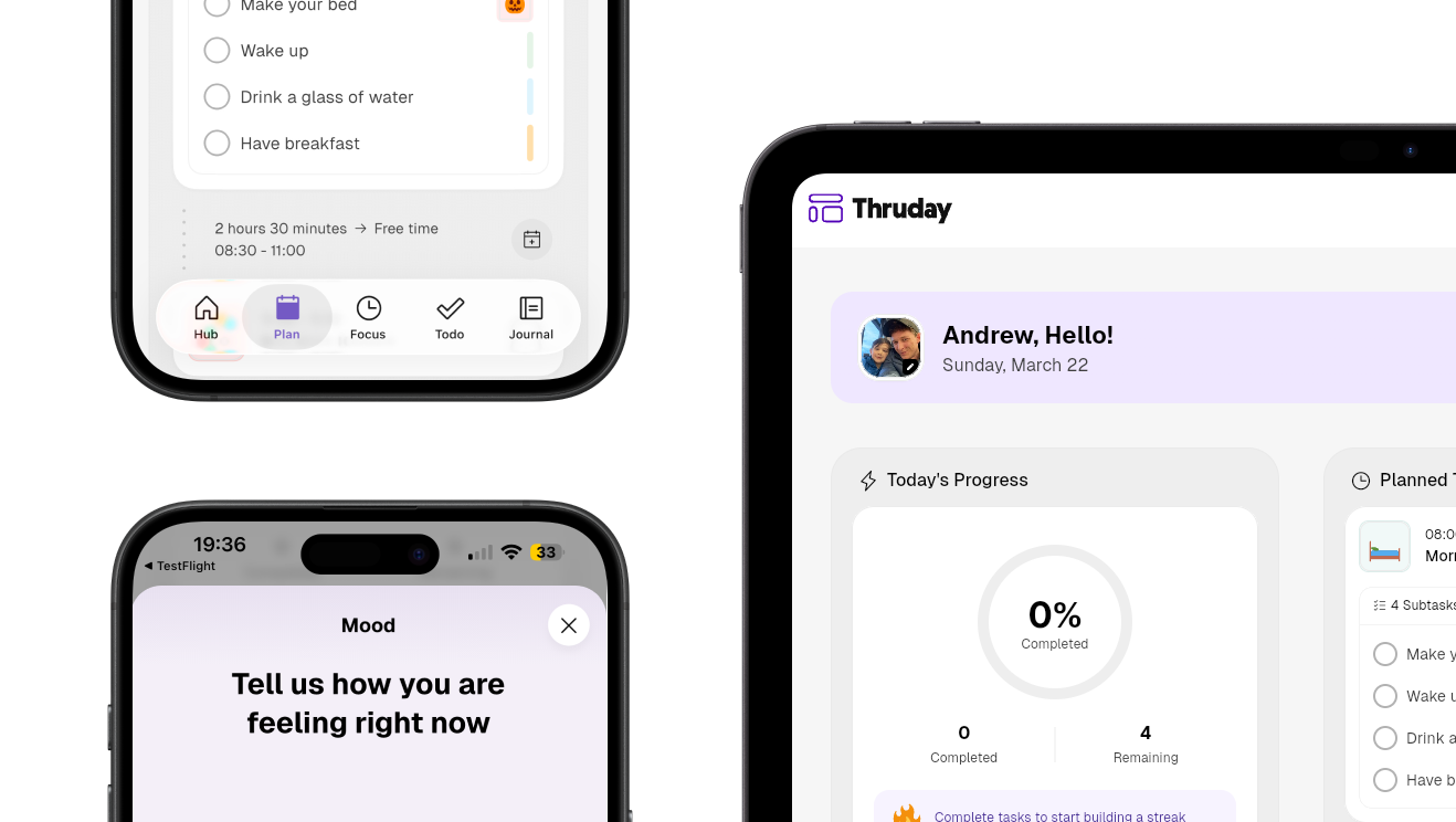 Thruday app screens showing mood track, visual plan for today and todays progress hub