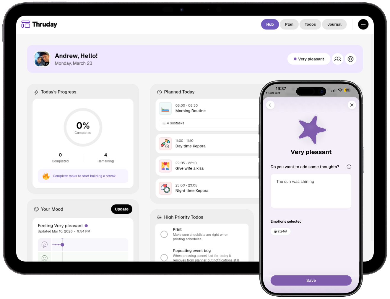 Thruday app showing visual planning and mood tracking features on mobile and web