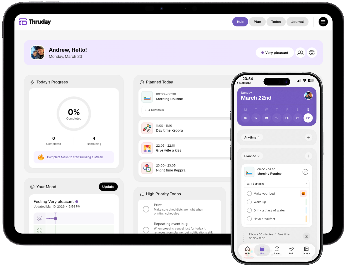Thruday Visual Planner with mood tracking dashboard on Web, Android, and iOS