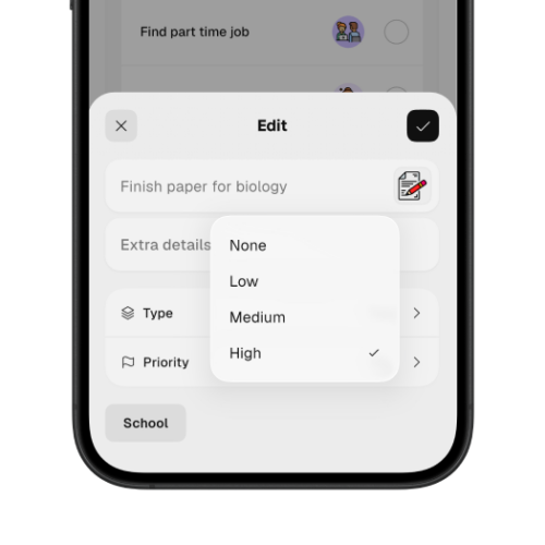 Thruday task priority menu offering None, Low, Medium and High, with High selected
