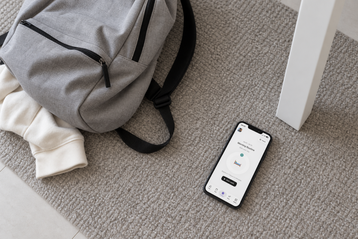 Phone displaying Thruday’s upcoming activity beside a canvas backpack on a pale rug