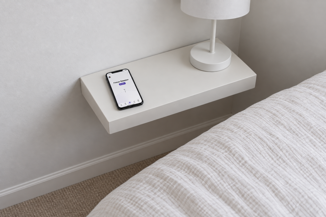 Phone displaying Thruday’s focus session setup on a white bedside shelf beside a lamp