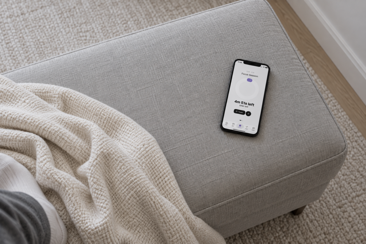 Phone displaying Thruday’s focus timer on a grey footstool beside a loosely draped throw