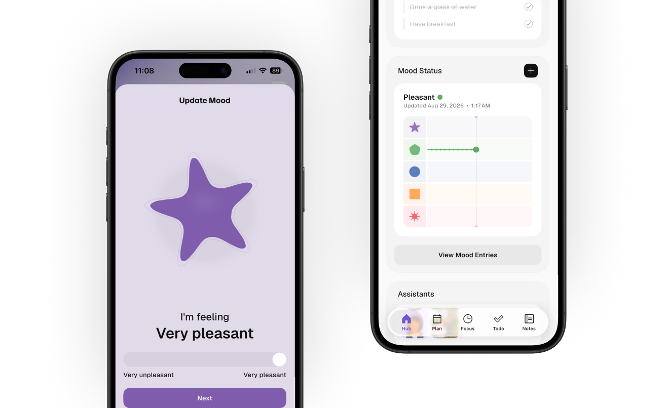 two phones with select a shape for mood and mood analytics