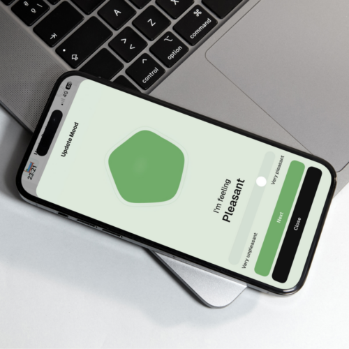 Phone resting on a laptop with Thruday’s green Pleasant mood selected