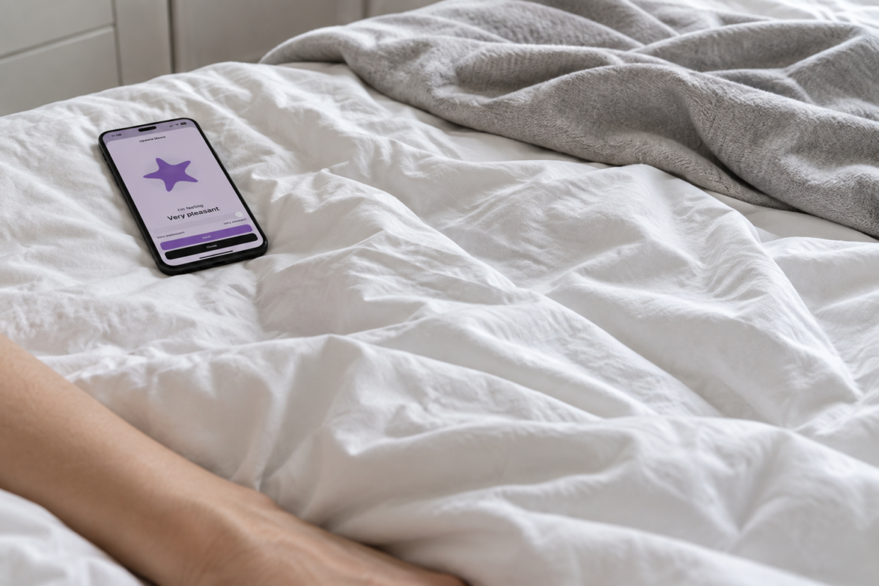 Phone displaying Thruday’s mood check-in on white bedding beside a grey blanket