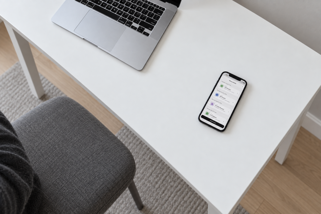 Phone displaying Thruday’s Mood Journal on a white table beside a silver laptop