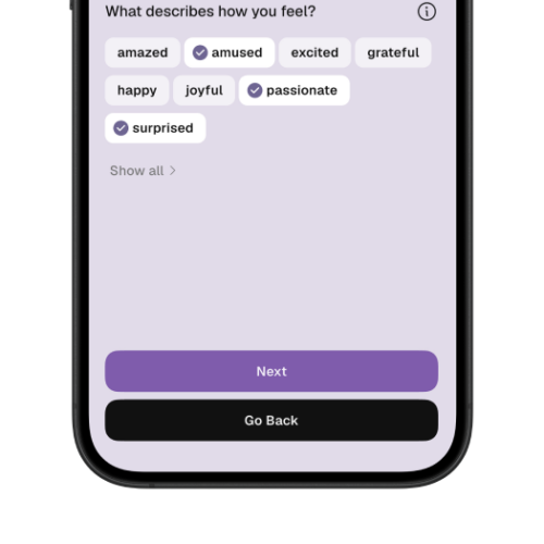 Thruday emotion selection screen with amused, passionate and surprised selected