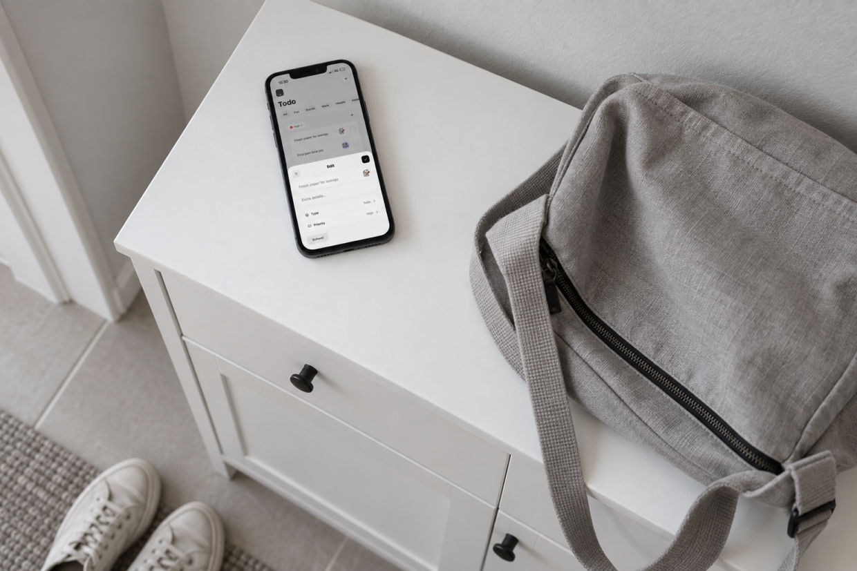 Phone displaying Thruday’s task editor on a white hallway cabinet beside a canvas bag