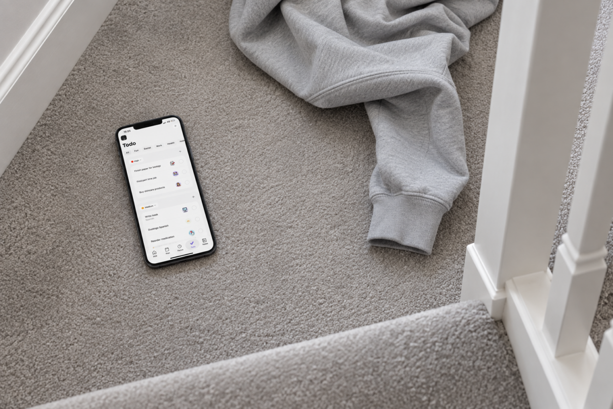 Phone displaying Thruday’s todo list on a carpeted landing beside a casually draped hoodie