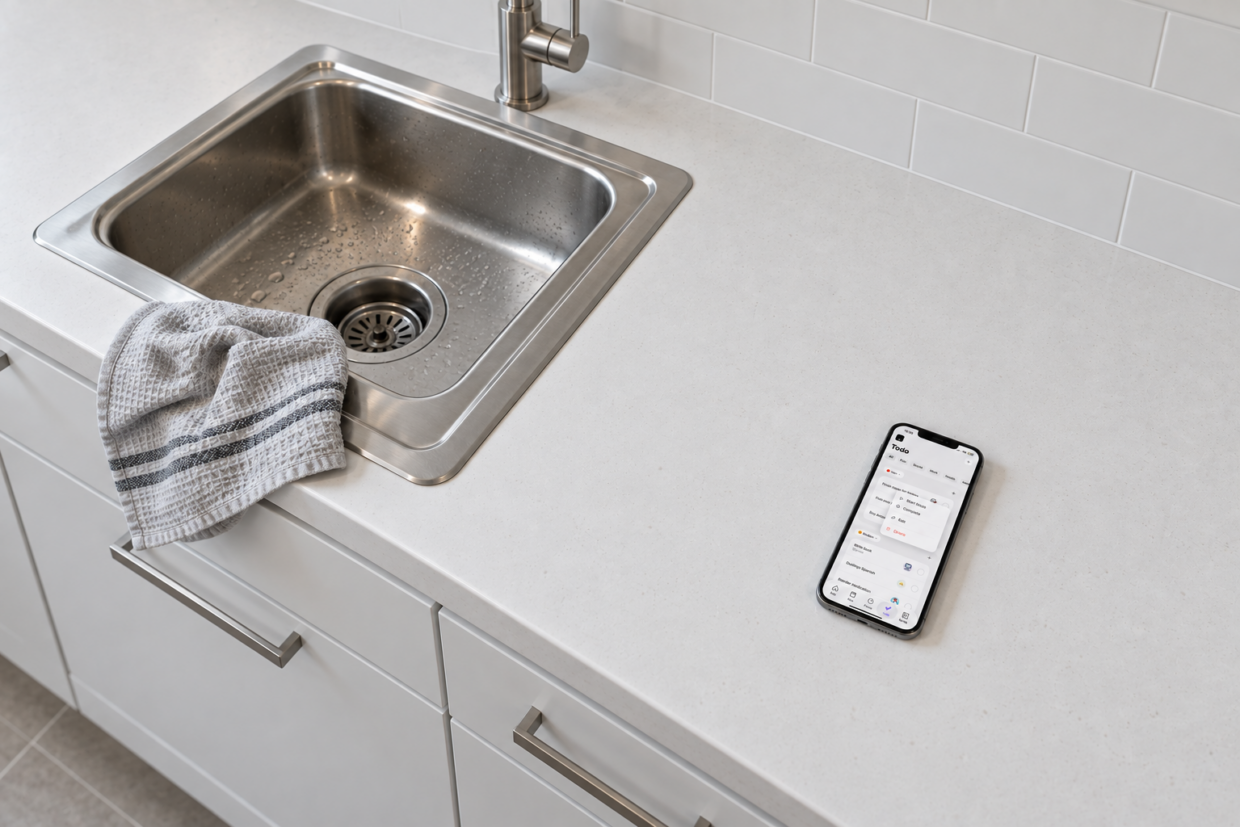 Phone displaying Thruday’s task menu on a kitchen counter beside a grey dish towel