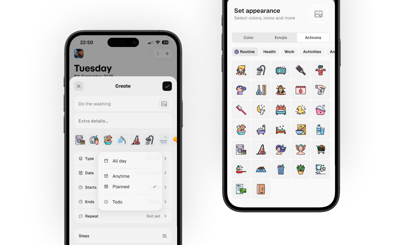 two phones with create a new visual task and colorful icon selection