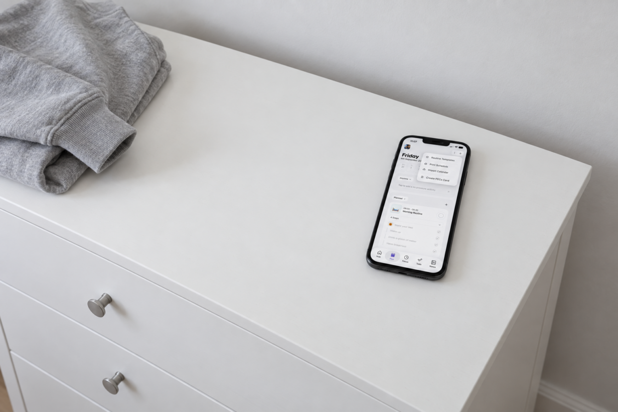 Phone displaying Thruday’s planner tools on a white chest of drawers beside a folded grey top