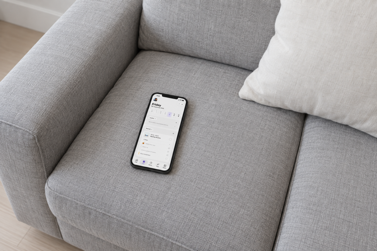 Phone displaying Thruday’s visual daily planner on a pale grey sofa beside an off-white cushion
