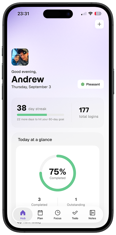 Thruday Hub showing a Pleasant mood, a 38-day streak and 75 percent of daily activities completed