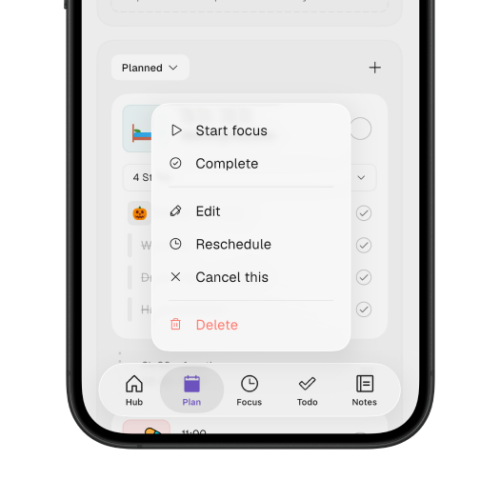 Thruday’s planned activity menu with the Start focus option